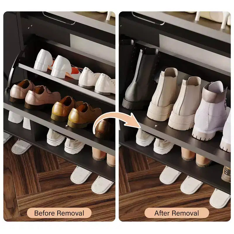 Meuble à chaussures avec 4 tiroirs basculants, meuble de rangement pour chaussures dissimulé et autonome avec rangement ouvert, meuble à chaussures fin pour couloir ou salon