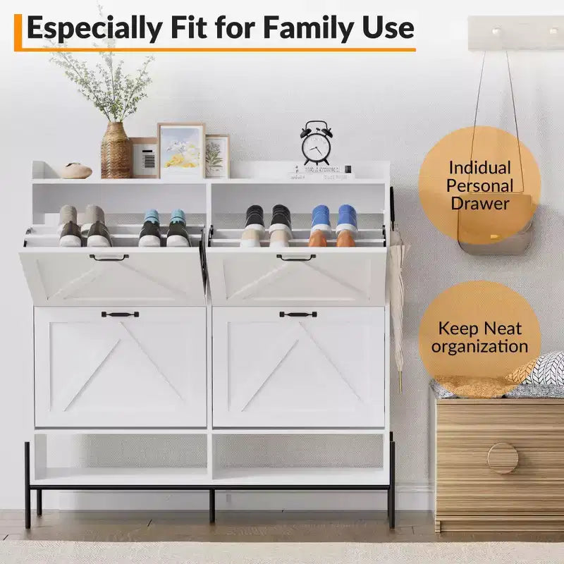 Meuble à chaussures avec 4 tiroirs basculants, meuble de rangement pour chaussures dissimulé et autonome avec rangement ouvert, meuble à chaussures fin pour couloir ou salon