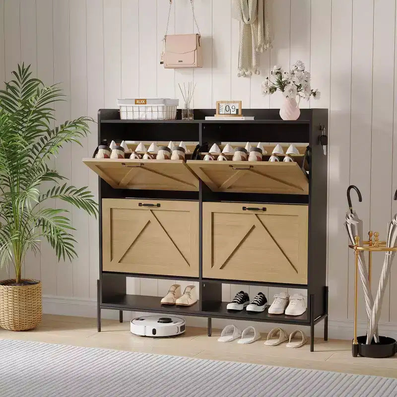 Meuble à chaussures avec 4 tiroirs basculants, meuble de rangement pour chaussures dissimulé et autonome avec rangement ouvert, meuble à chaussures fin pour couloir ou salon