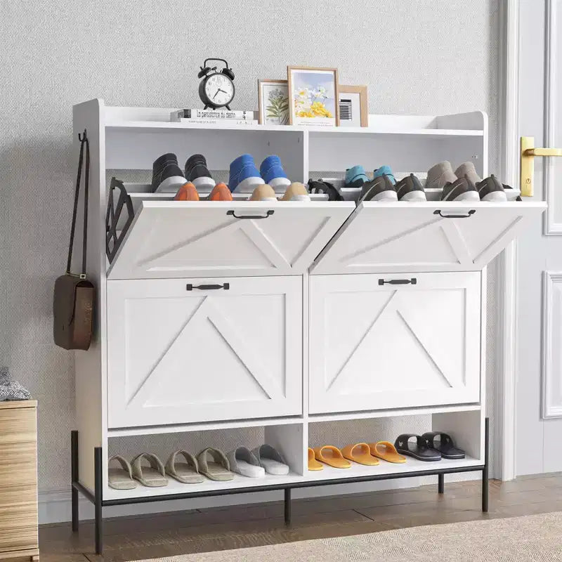 Meuble à chaussures avec 4 tiroirs basculants, meuble de rangement pour chaussures dissimulé et autonome avec rangement ouvert, meuble à chaussures fin pour couloir ou salon
