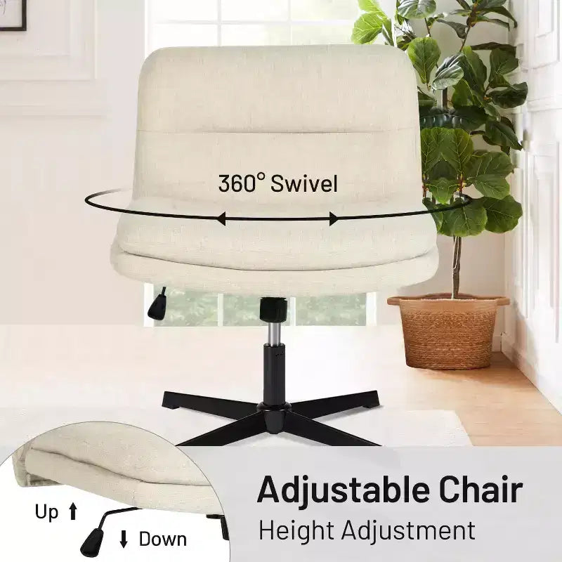Fauteuil de bureau sans roulettes FurnitureR - Chaise pivotante réglable Criss Cross, dossier mi-hauteur en tissu pour chambre, coiffeuse, bureau, beige