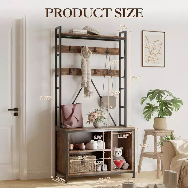 Banc d'entrée robuste de 178 cm avec porte-manteau et range-chaussures, organisateur d'entrée avec 8 crochets amovibles pour salon, chambre, hall d'entrée