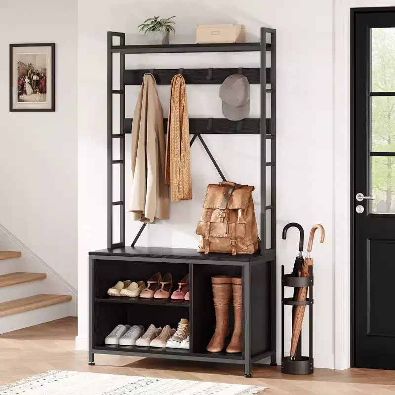 Banc d'entrée robuste de 178 cm avec porte-manteau et range-chaussures, organisateur d'entrée avec 8 crochets amovibles pour salon, chambre, hall d'entrée