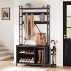 Banc d'entrée robuste de 178 cm avec porte-manteau et range-chaussures, organisateur d'entrée avec 8 crochets amovibles pour salon, chambre, hall d'entrée