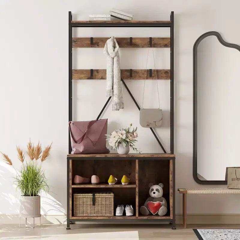 Banc d'entrée robuste de 178 cm avec porte-manteau et range-chaussures, organisateur d'entrée avec 8 crochets amovibles pour salon, chambre, hall d'entrée