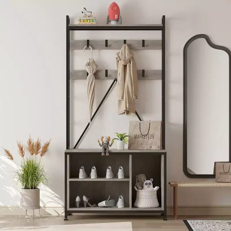 Banc d'entrée robuste de 178 cm avec porte-manteau et range-chaussures, organisateur d'entrée avec 8 crochets amovibles pour salon, chambre, hall d'entrée