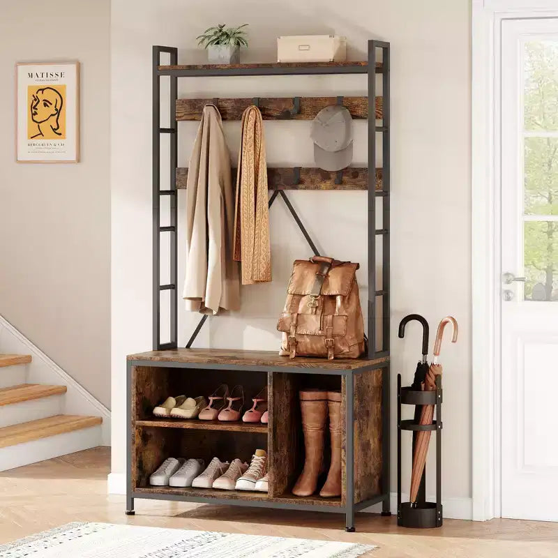 Banc d'entrée robuste de 178 cm avec porte-manteau et range-chaussures, organisateur d'entrée avec 8 crochets amovibles pour salon, chambre, hall d'entrée