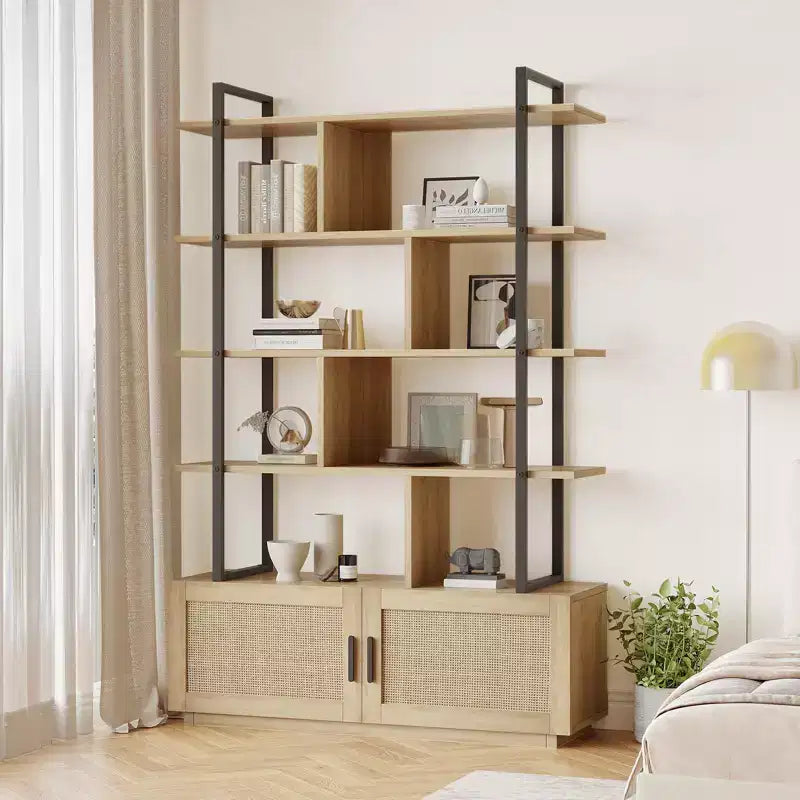 Étagère à livres à 5 niveaux en rotin avec armoire de rangement, bibliothèque de style industriel de 180,6 cm de haut avec étagères ouvertes et cadre en métal pour le salon