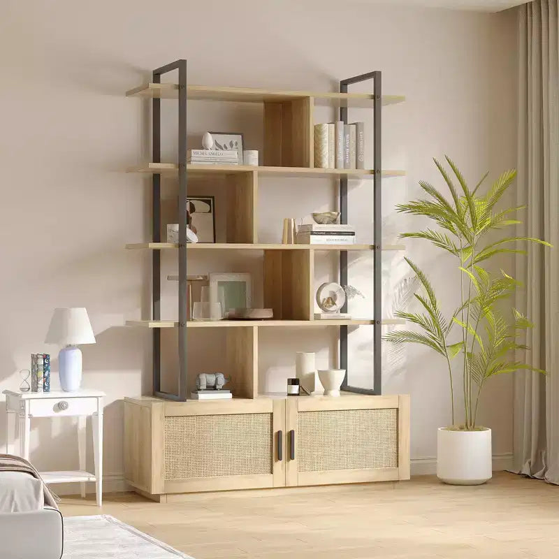 Étagère à livres à 5 niveaux en rotin avec armoire de rangement, bibliothèque de style industriel de 180,6 cm de haut avec étagères ouvertes et cadre en métal pour le salon