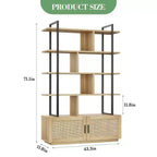 Étagère à livres à 5 niveaux en rotin avec armoire de rangement, bibliothèque de style industriel de 180,6 cm de haut avec étagères ouvertes et cadre en métal pour le salon