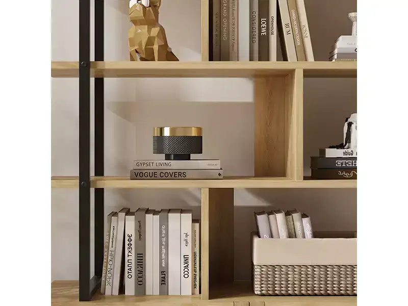 Étagère à livres à 5 niveaux en rotin avec armoire de rangement, bibliothèque de style industriel de 180,6 cm de haut avec étagères ouvertes et cadre en métal pour le salon