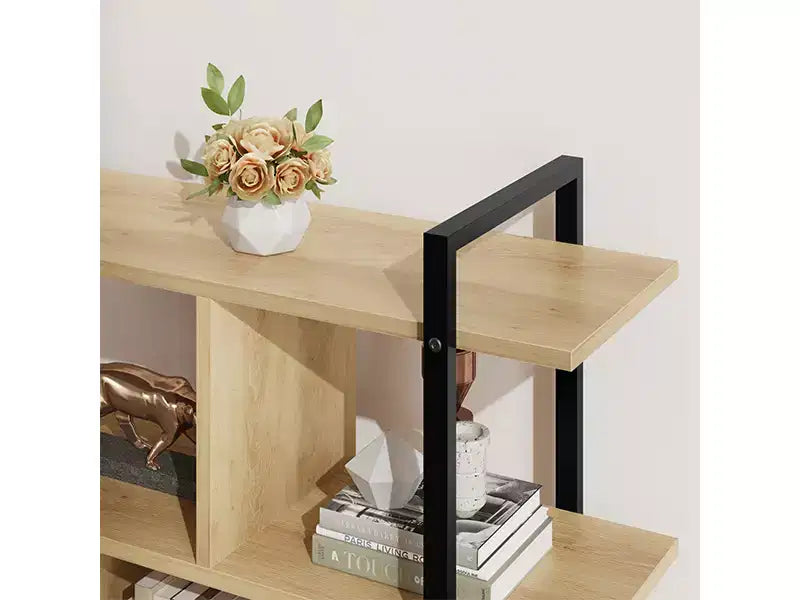 Étagère à livres à 5 niveaux en rotin avec armoire de rangement, bibliothèque de style industriel de 180,6 cm de haut avec étagères ouvertes et cadre en métal pour le salon