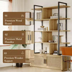 Étagère à livres à 5 niveaux en rotin avec armoire de rangement, bibliothèque de style industriel de 180,6 cm de haut avec étagères ouvertes et cadre en métal pour le salon