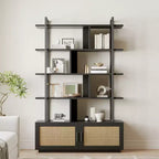 Étagère à livres à 5 niveaux en rotin avec armoire de rangement, bibliothèque de style industriel de 180,6 cm de haut avec étagères ouvertes et cadre en métal pour le salon
