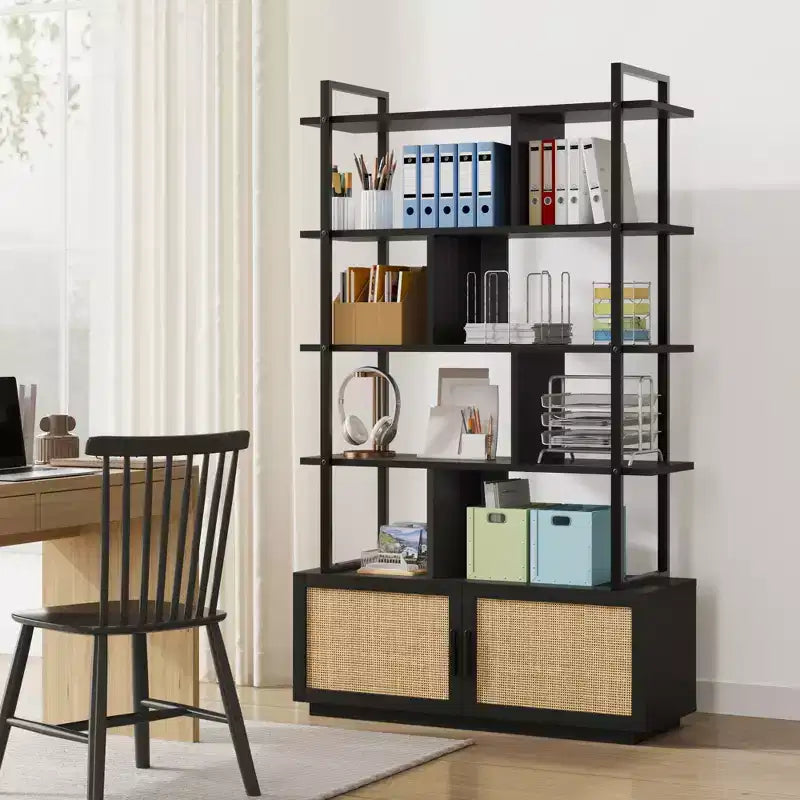 Étagère à livres à 5 niveaux en rotin avec armoire de rangement, bibliothèque de style industriel de 180,6 cm de haut avec étagères ouvertes et cadre en métal pour le salon