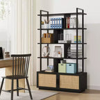 Étagère à livres à 5 niveaux en rotin avec armoire de rangement, bibliothèque de style industriel de 180,6 cm de haut avec étagères ouvertes et cadre en métal pour le salon