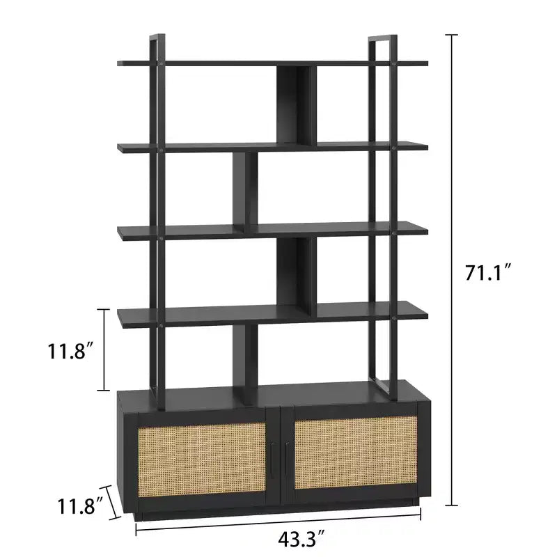 Étagère à livres à 5 niveaux en rotin avec armoire de rangement, bibliothèque de style industriel de 180,6 cm de haut avec étagères ouvertes et cadre en métal pour le salon