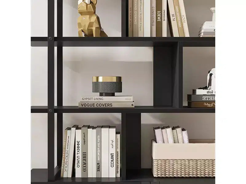 Étagère à livres à 5 niveaux en rotin avec armoire de rangement, bibliothèque de style industriel de 180,6 cm de haut avec étagères ouvertes et cadre en métal pour le salon