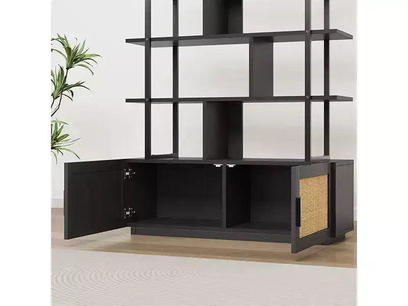Étagère à livres à 5 niveaux en rotin avec armoire de rangement, bibliothèque de style industriel de 180,6 cm de haut avec étagères ouvertes et cadre en métal pour le salon
