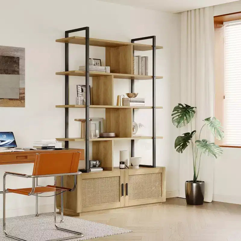Étagère à livres à 5 niveaux en rotin avec armoire de rangement, bibliothèque de style industriel de 180,6 cm de haut avec étagères ouvertes et cadre en métal pour le salon