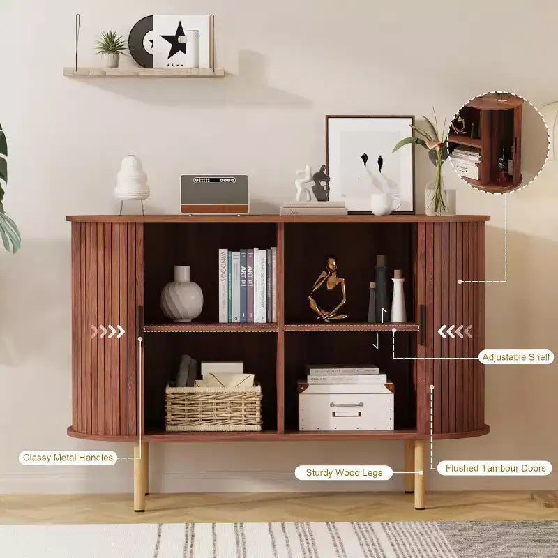 GustoWave 47 Buffet bas cannelé avec portes coulissantes, Meuble de rangement d'appoint moderne en bois avec étagères réglables