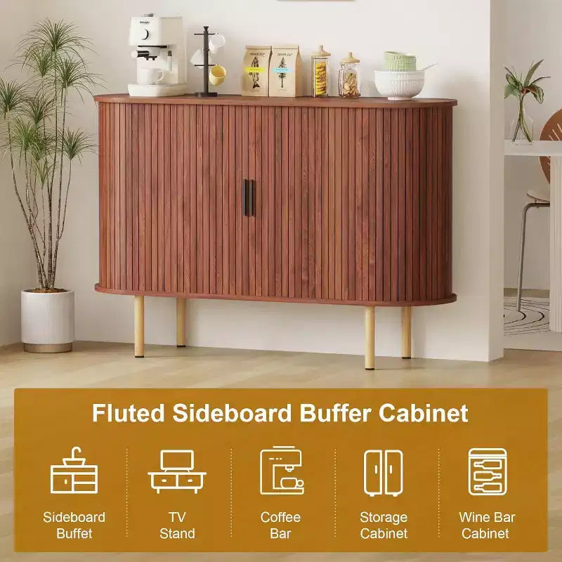 GustoWave 47 Buffet bas cannelé avec portes coulissantes, Meuble de rangement d'appoint moderne en bois avec étagères réglables