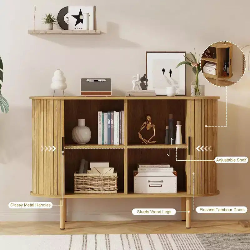 GustoWave 47 Buffet bas cannelé avec portes coulissantes, Meuble de rangement d'appoint moderne en bois avec étagères réglables