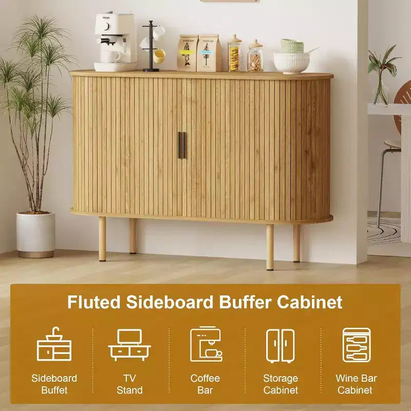 GustoWave 47 Buffet bas cannelé avec portes coulissantes, Meuble de rangement d'appoint moderne en bois avec étagères réglables