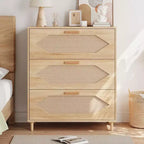 3 Drawer Rattan Dresser for Bedroom, Rattan Modern Dresser Wood Chest of Drawers, Wooden Storage Cabinets for Bedrooms,Living Rooms and Entryways
