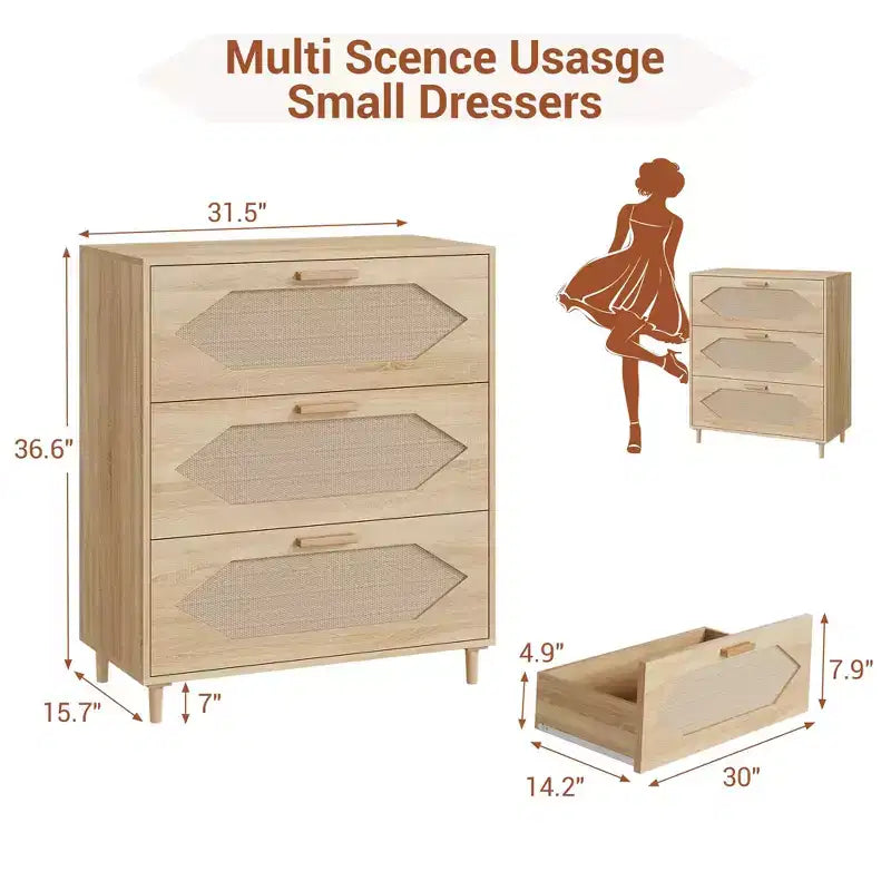 Commode 3 tiroirs en rotin pour chambre à coucher, commode moderne en rotin avec tiroirs en bois, armoires de rangement en bois pour chambres à coucher, salons et entrées.