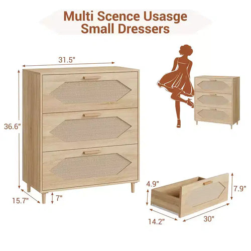 Commode 3 tiroirs en rotin pour chambre à coucher, commode moderne en rotin avec tiroirs en bois, armoires de rangement en bois pour chambres à coucher, salons et entrées.