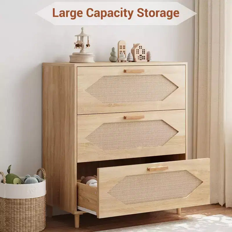 Commode 3 tiroirs en rotin pour chambre à coucher, commode moderne en rotin avec tiroirs en bois, armoires de rangement en bois pour chambres à coucher, salons et entrées.