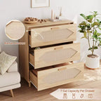 Commode 3 tiroirs en rotin pour chambre à coucher, commode moderne en rotin avec tiroirs en bois, armoires de rangement en bois pour chambres à coucher, salons et entrées.