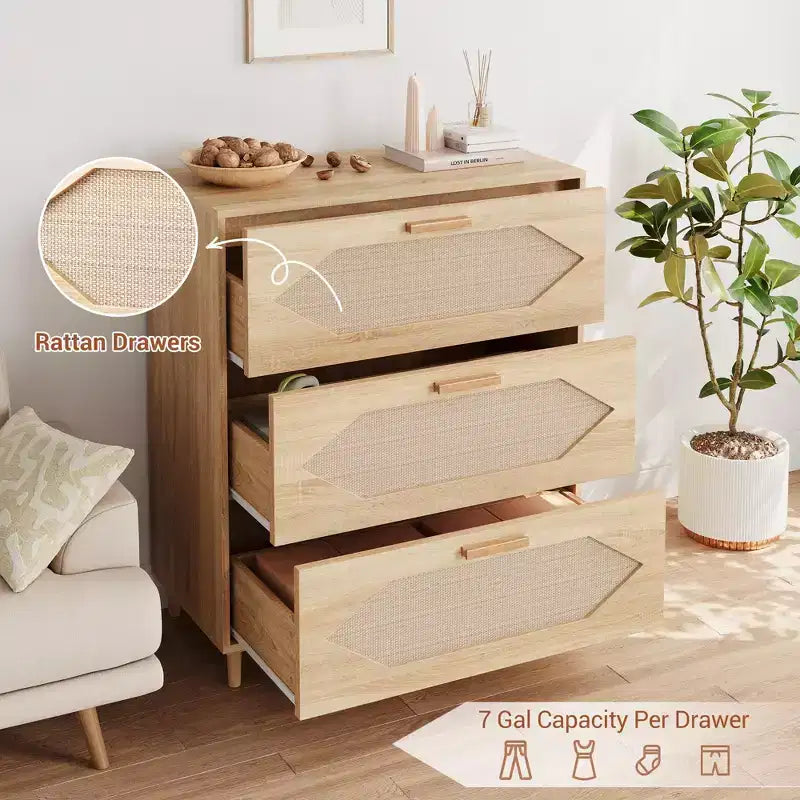 Commode 3 tiroirs en rotin pour chambre à coucher, commode moderne en rotin avec tiroirs en bois, armoires de rangement en bois pour chambres à coucher, salons et entrées.