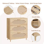 Commode 3 tiroirs en rotin pour chambre à coucher, commode moderne en rotin avec tiroirs en bois, armoires de rangement en bois pour chambres à coucher, salons et entrées.