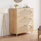 Commode 3 tiroirs en rotin pour chambre à coucher, commode moderne en rotin avec tiroirs en bois, armoires de rangement en bois pour chambres à coucher, salons et entrées.