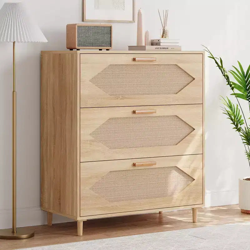 Commode 3 tiroirs en rotin pour chambre à coucher, commode moderne en rotin avec tiroirs en bois, armoires de rangement en bois pour chambres à coucher, salons et entrées.