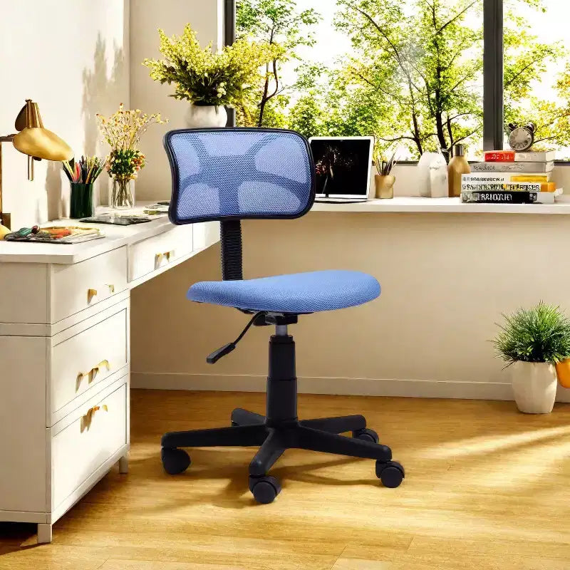 FurnituureR Chaise de bureau dossier bas, chaise de bureau en maille sans accoudoirs, pivotante ergonomique réglable à roulettes pour bureau à domicile, chambre à coucher, étude, bleu