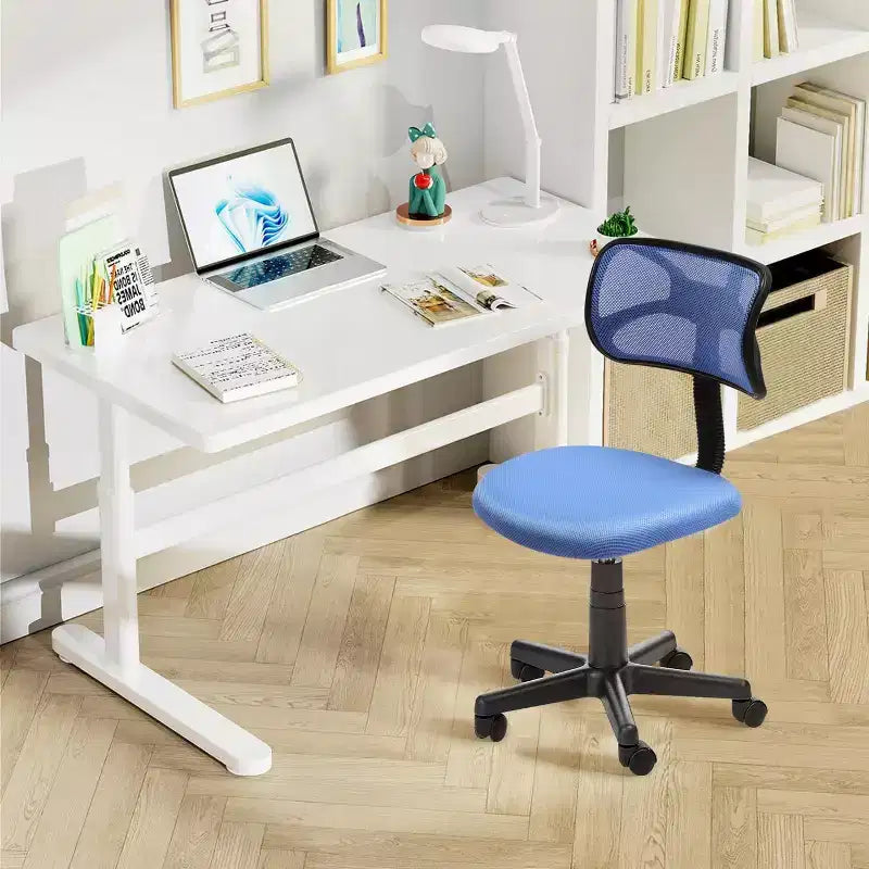 FurnituureR Chaise de bureau dossier bas, chaise de bureau en maille sans accoudoirs, pivotante ergonomique réglable à roulettes pour bureau à domicile, chambre à coucher, étude, bleu