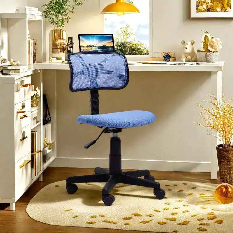 FurnituureR Chaise de bureau dossier bas, chaise de bureau en maille sans accoudoirs, pivotante ergonomique réglable à roulettes pour bureau à domicile, chambre à coucher, étude, bleu