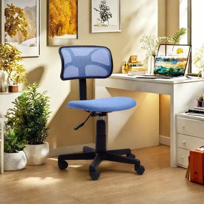 FurnituureR Chaise de bureau dossier bas, chaise de bureau en maille sans accoudoirs, pivotante ergonomique réglable à roulettes pour bureau à domicile, chambre à coucher, étude, bleu