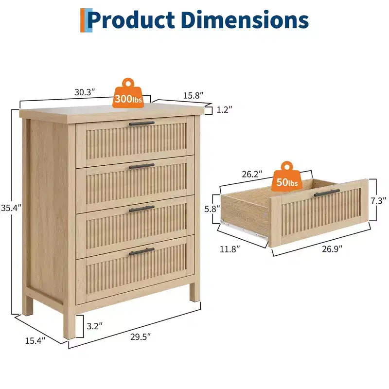 Commode à tiroirs cannelés COZONY, meuble de rangement 4 tiroirs en bois composite pour chambre, salon et couloir