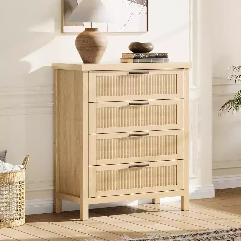Commode à tiroirs cannelés COZONY, meuble de rangement 4 tiroirs en bois composite pour chambre, salon et couloir