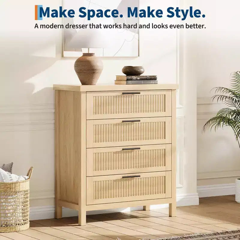 Commode à tiroirs cannelés COZONY, meuble de rangement 4 tiroirs en bois composite pour chambre, salon et couloir