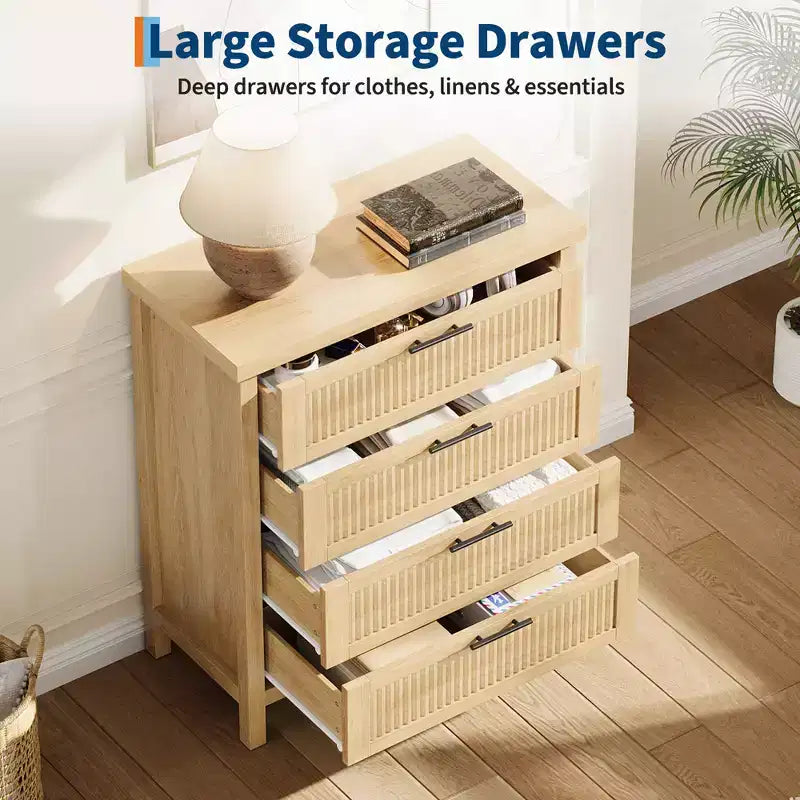 Commode à tiroirs cannelés COZONY, meuble de rangement 4 tiroirs en bois composite pour chambre, salon et couloir