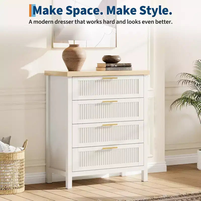 Commode à tiroirs cannelés COZONY, meuble de rangement 4 tiroirs en bois composite pour chambre, salon et couloir