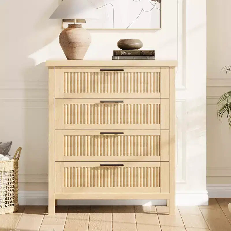 Commode à tiroirs cannelés COZONY, meuble de rangement 4 tiroirs en bois composite pour chambre, salon et couloir