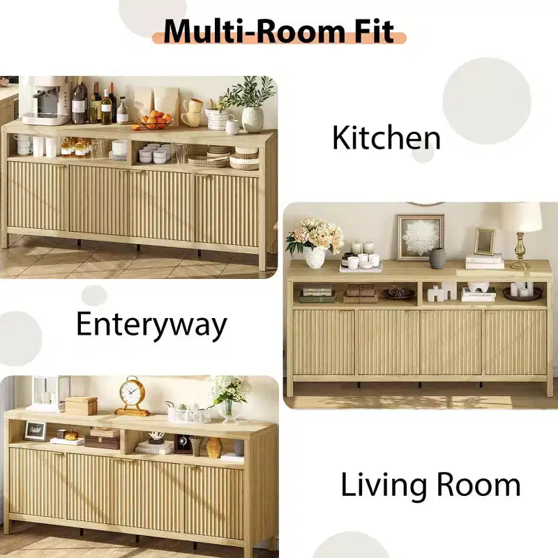 GustoWave Buffet de salle à manger 65,8 po avec porte cannelée, Armoire de rangement de cuisine moderne avec porte cannelée, Texture bois élégante