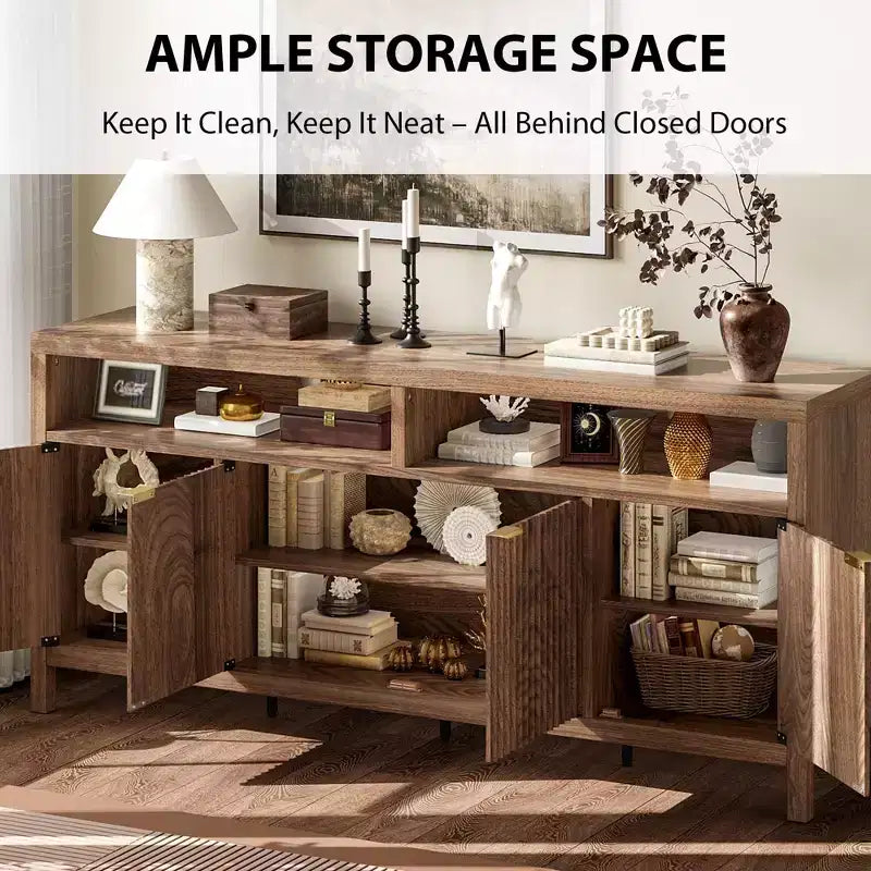 GustoWave Buffet de salle à manger 65,8 po avec porte cannelée, Armoire de rangement de cuisine moderne avec porte cannelée, Texture bois élégante