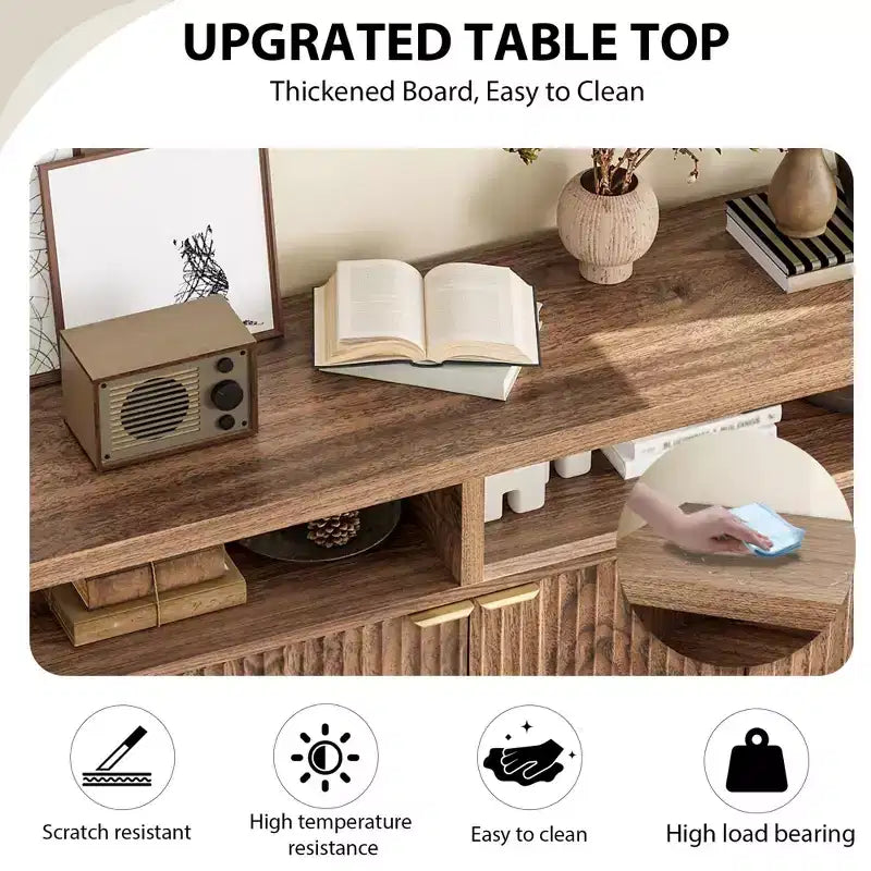 GustoWave Buffet de salle à manger 65,8 po avec porte cannelée, Armoire de rangement de cuisine moderne avec porte cannelée, Texture bois élégante